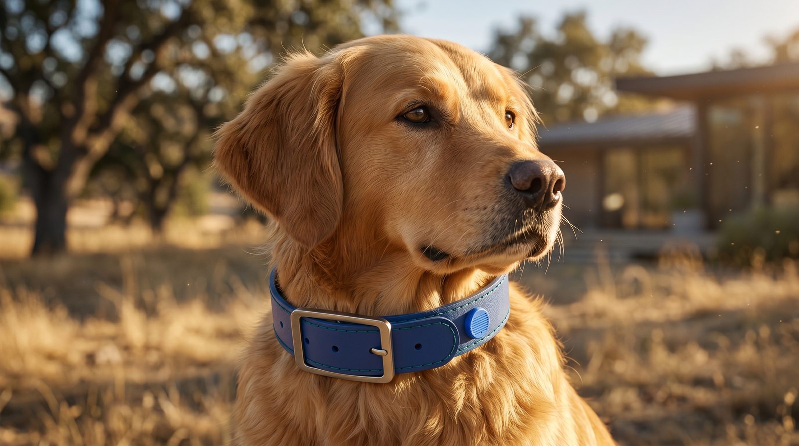 Golden retriever wearing Fur Alert smart collar in warm landscape