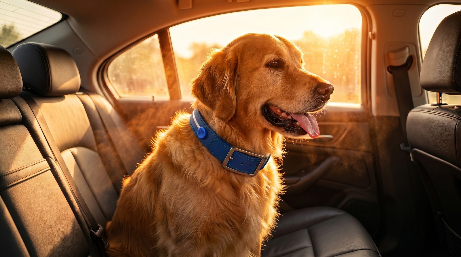 Golden retriever wearing Fur Alert collar in sunny field