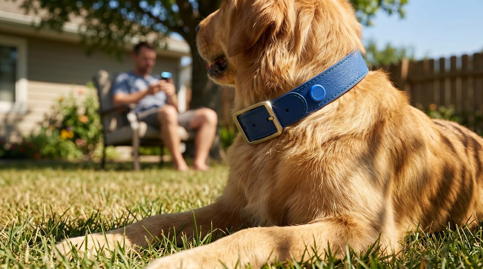 Golden retriever wearing Fur Alert collar relaxing in backyard with owner nearby