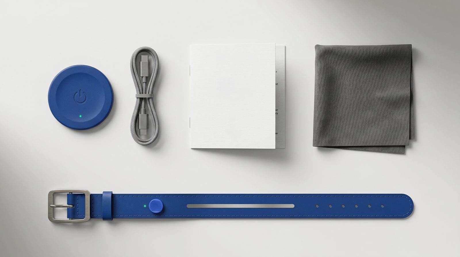 Fur Alert collar with charging puck, USB cable, manual, and cleaning cloth — complete kit overview