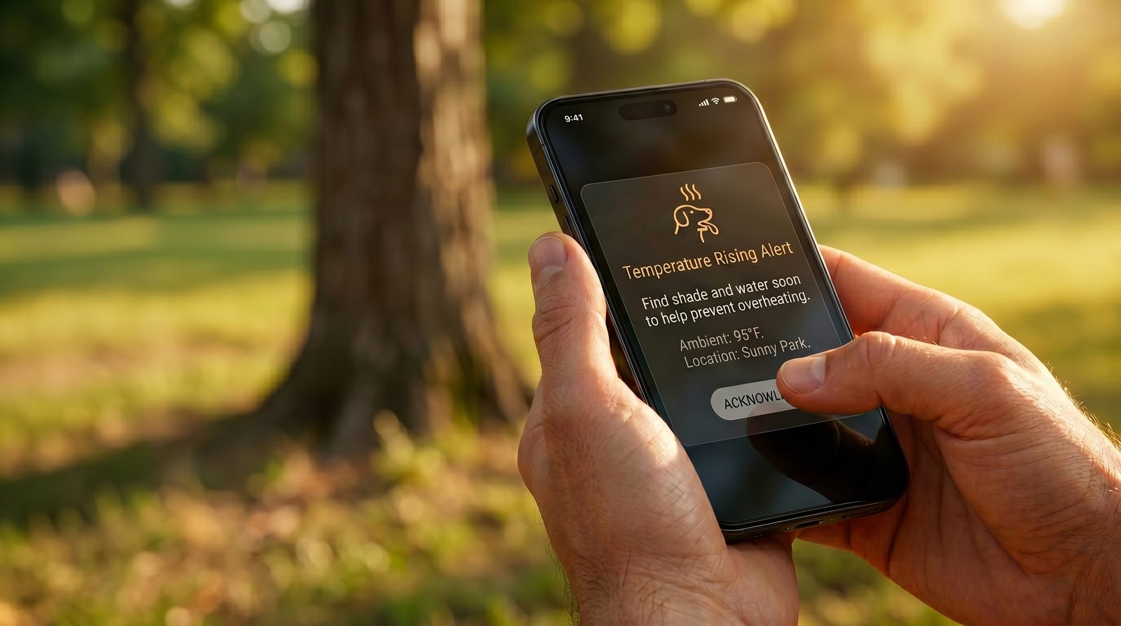 Dog owner receiving critical heat alert on phone